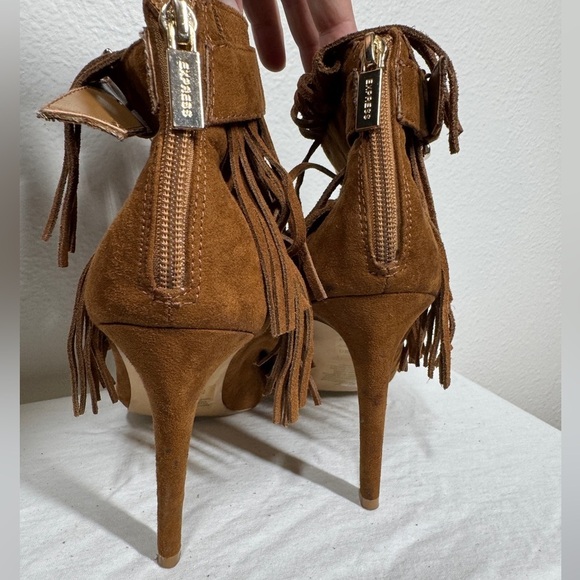 Express Brown Suede Leather Fringe Peep Toe Heeled Boho Western Booties Size 9 - Picture 7 of 11